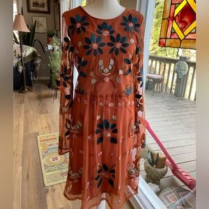Philosophy Women's Dress Burnt Orange Lace with Floral Embroidery Size Large